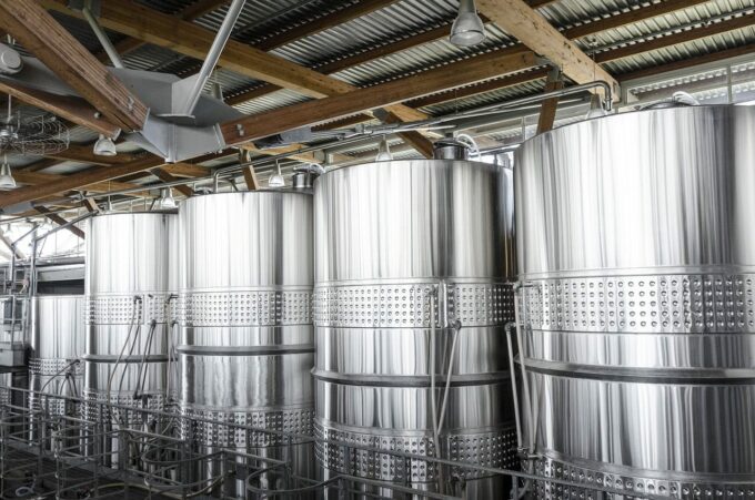 Bulk Wine Tanls At Winery Production Facility