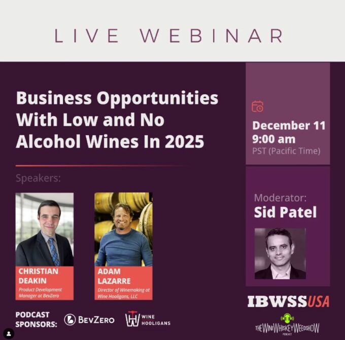 Webinar on Low & No Alcohol Wine – December 11 @9:00am PST (Pacific time) – Sid Patel, Christian Deakin, Adam LaZarre