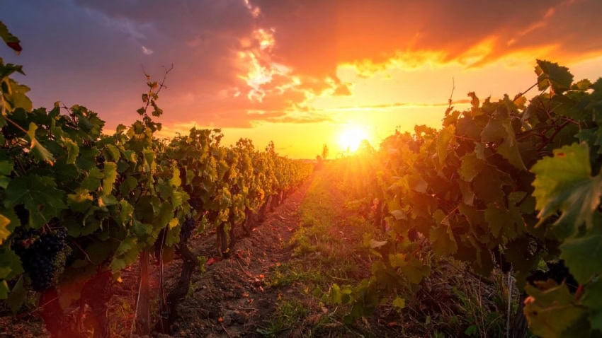 A view down a row of a vineyard towards the setting summer sun